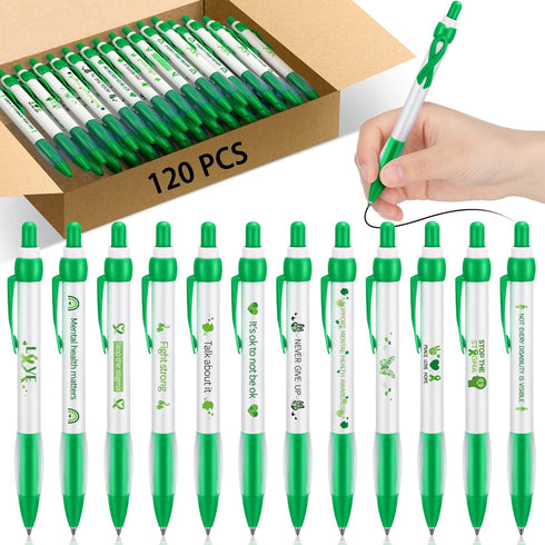 Ctosree Mental Health Awareness Pens, 12 Style Green Ribbon Retractable Gel Pens, Office Charity Stuffers