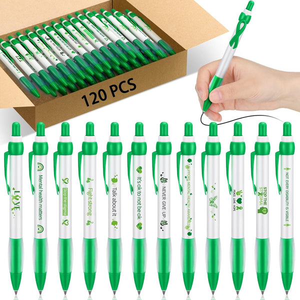 Ctosree Mental Health Awareness Pens, 12 Style Green Ribbon Retractable Gel Pens, Office Charity Stuffers