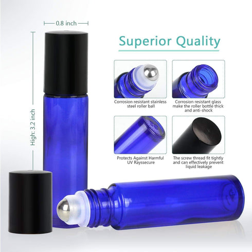 Onwon 6 10ml Pcs Glass Stainless Steel Roller Bottles Cobalt Blue Dropper Included Re-usable Roll-ons Perfect