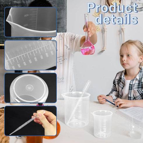 Twdrer 7 Sizes Plastic Beaker Set, Clear Measuring Graduated Liquid Container Beakers with 20 PCS Plastic Droppers