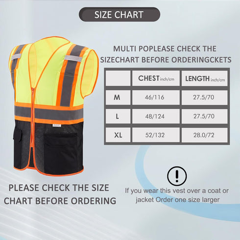 High Visibility Reflective Safety Vest with Zipper and Pockets, Medium (Yellow & Black)