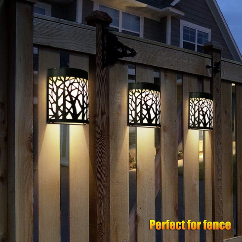 DenicMic (2 Pack) Solar Wall Lights Outdoor Wall Sconce Fence Lighting for Patio Front Door Yard Deck Stair Led Forest