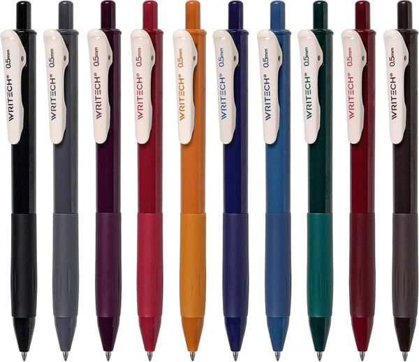 WRITECH Retractable Gel Pens, Quick Dry Ink, Fine Point 0.5mm, 10 Assorted Vintage Colors for Journaling