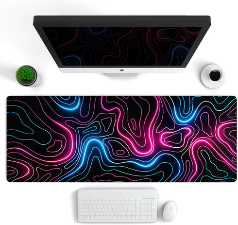 Ovenbird Gaming Mouse Pad with Stitched Edges, Topographic Map Pink Mouse Pad, Extended XL Mousepad with Anti-Slip Base, Cool Neon Large Mouse Pad for Desk, 31.5 x 11.8 in, Pink and Blue