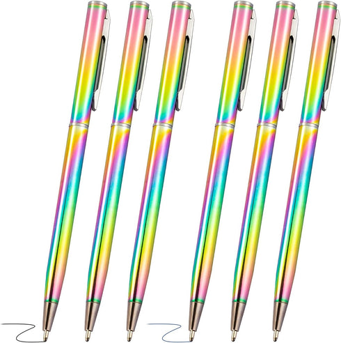 RONRONS 6 Pack Rainbow Slim Retractable Ballpoint Pen - Black Ink Metal Pen for Office School Supplies