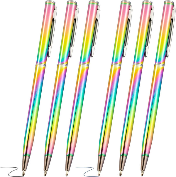 RONRONS 6 Pack Rainbow Slim Retractable Ballpoint Pen - Black Ink Metal Pen for Office School Supplies
