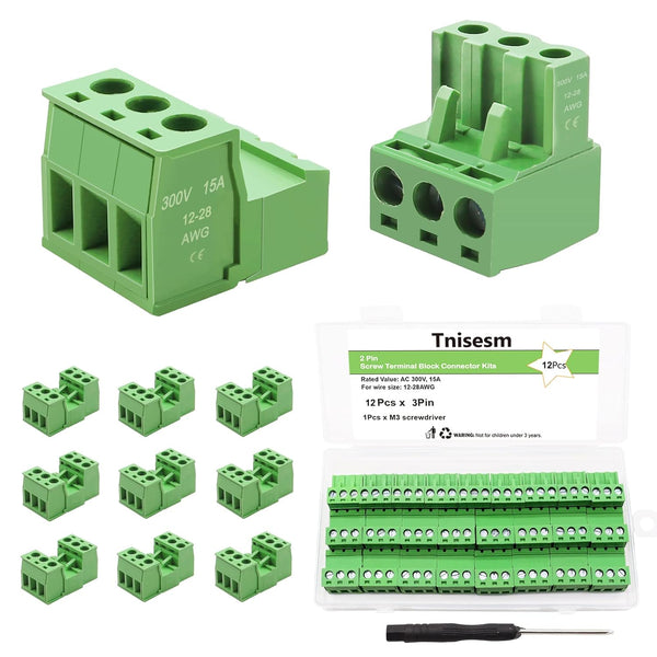 Tnisesm 12Pcs 3 Pin Screw Terminal Block Connector - 5.08mm Pitch Pluggable for 28-12AWG Cable