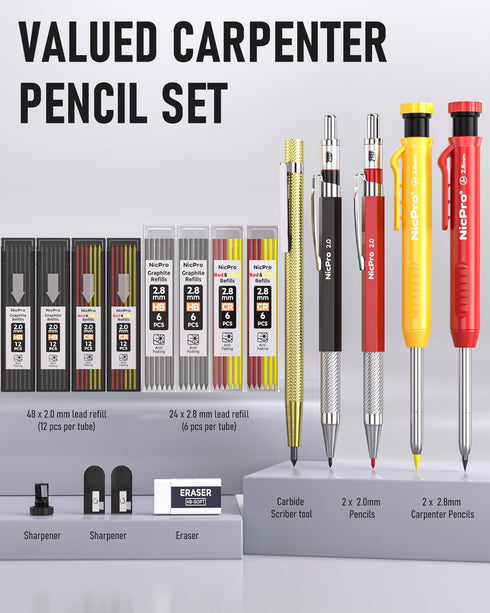 Nicpro 18 Pack Carpenter Pencil Set with Sharpener, Mechanical Carpenter Pencils with 76 Refills and Carbide Scribe Tool, Deep Hole Marker, Heavy Duty Construction Pencil for Architect-With Case by Nicpro