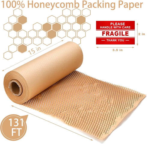 Honeycomb Packing Paper Wrap 15"x131' Sustainable Alternative to Bubble Wrap for Moving/Shipping/Packing Roll