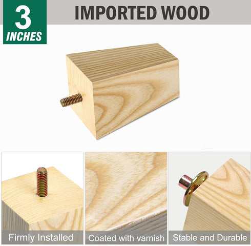 FoDau770 5/16"-18 3 Inch, Set 4, Bolts Square Furniture Legs Ash Wood Legs for Furniture of Mid Century Modern Feet