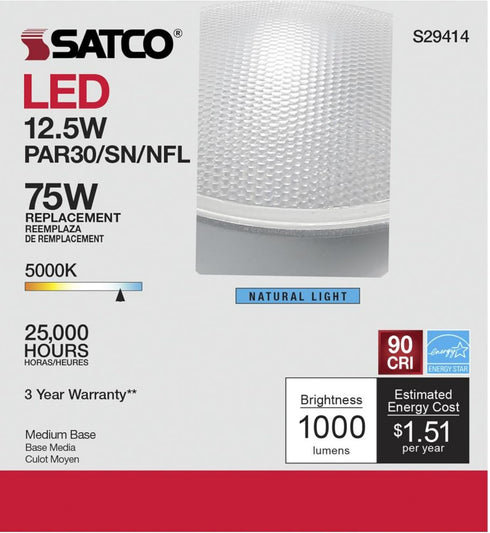 Satco 12.5W PAR30 Bulb 5000K 1000 25 E26 90 Dimmable 120V S29414 (2 Pack) Short Neck LED Light Natural Light Lumens