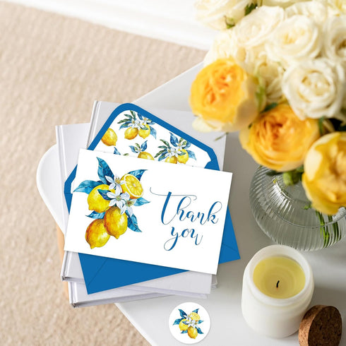 50 Pack Summer JarThenaAMCS Mediterranean Lemon Thank You Cards Watercolor Lemon Greeting Cards With Envelopes Stickers