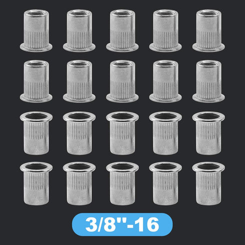 Glarks 20Pcs 3/8''-16UNC 304 Stainless Steel Rivet Nuts Flat Head Threaded Insert Nutserts Set