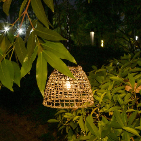 Bulb Outdoor Solar Hanging Lantern, Natural Seaweed Rattan Bamboo Hand-Woven Pendent Chandelier Light Edison Design