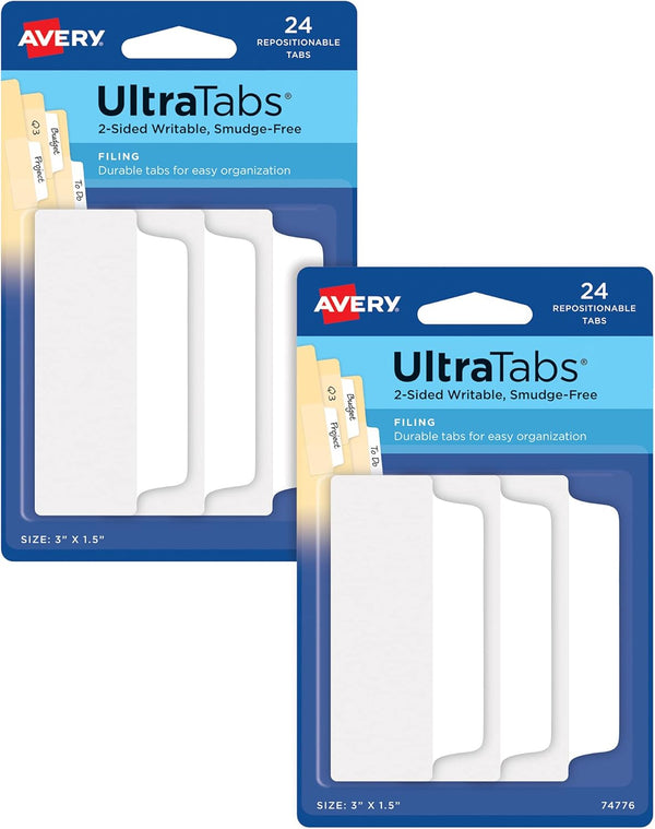 Avery Ultra Tabs / File Tabs 3" x 1.5" / 2-Side Writable, White / 24 Tabs Per Pack, 2-Pack, 48 Total