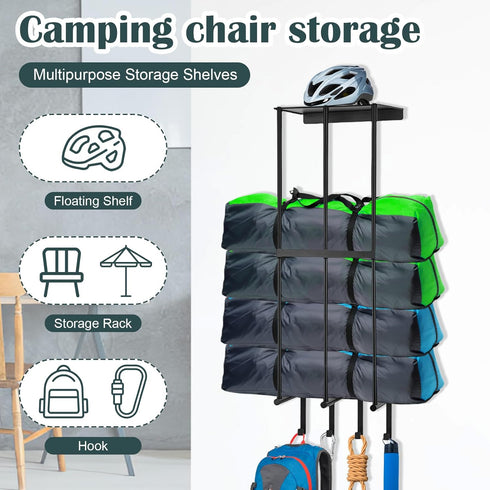mekueeex 4 Camping Chair Wall Storage for Garage, Metal Camping Chair Storage Rack Wall Holder, Floating Shelf, Hooks