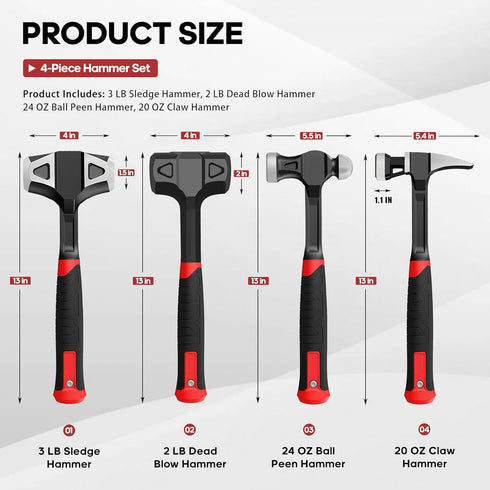 4-Piece Hammer Set 2LB 24oz 20oz 3LB Sledgehammer YIYITOOLS - Dead Blow, Ball Peen, Claw, - One-Piece Carbon Steel