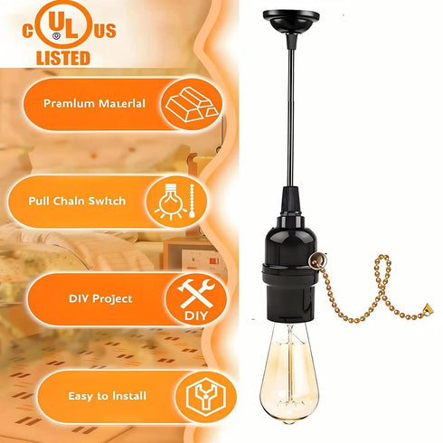 Switch,3 Pack E26 E27 (1/8 Phenolic Medium Base Light Socket with Pull Chain TWDRTDD Black Period Style Edison Retro