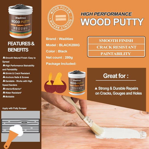 Black Wood Filler, Paintable Stainable Wood Putty, 9.87 Ounce Repair Kit for Quickly Repairing Wood Cracks and Holes
