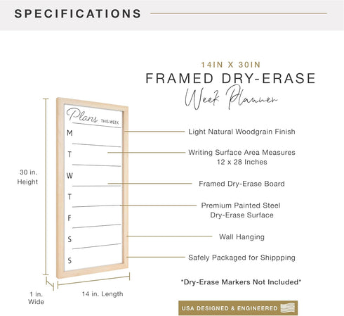 MCS Dry Erase Weekly Planner, 14x30 Natural Framed Calendar Whiteboard for Family Weekly Planning