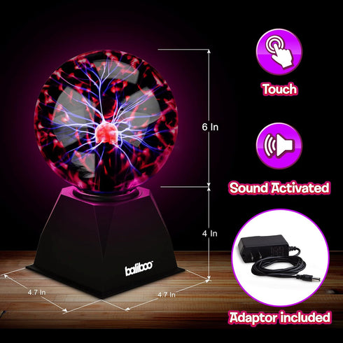 6" 12V BALIBOO Plasma Ball Light Touch & Sound Sensitive Activated Lightning Globe Power Adapter Plug Plasma Globe Lamp