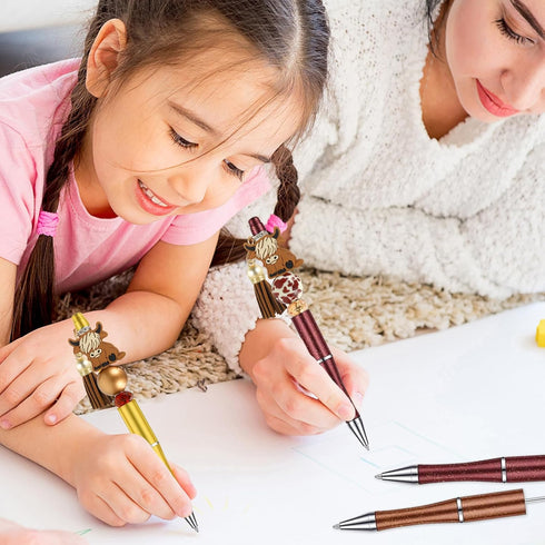 Beadable Highland Cow Pens Bulk - 12 Sets of Multicolor Gel Ink Pens for Kids & Students, Black Ink