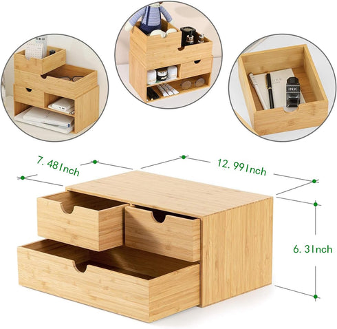 Wisuce Mini Bamboo Desk Organizer - 3 Drawer Tabletop Storage Box for Office and Home Supplies, No Assembly Required