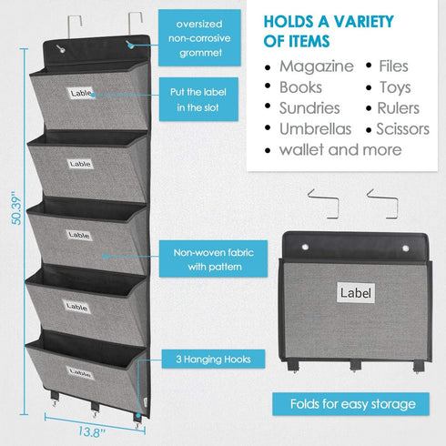 homyfort Over the Door File Organizer, Wall Hanging with 5 Large Pockets for Mails, Magazines, Office Storage