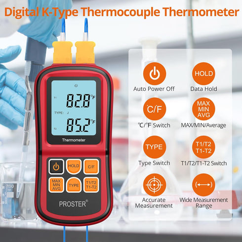Proster Digital Thermocouple Temperature Thermometer Dual Channel with Two K-Type Probes, Backlight LCD