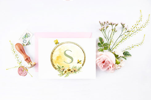 Designing Moments Set 10 Personalized Folded Monogram Cards, Bee and Honey Monogram Note Cards, Couples Stationery