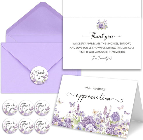 Funeral Thank You Cards with Envelopes, Set of 50, Purple Watercolor Butterfly