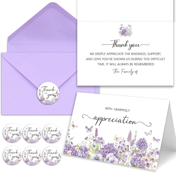 Funeral Thank You Cards with Envelopes, Set of 50, Purple Watercolor Butterfly