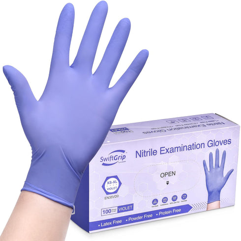 Disposable Nitrile Exam Gloves, 3mil, Medium, Box of 100, Violet Latex-Free for Medical & Food-Safe
