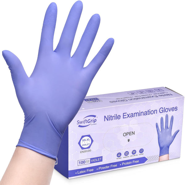 Disposable Nitrile Exam Gloves, 3mil, Medium, Box of 100, Violet Latex-Free for Medical & Food-Safe