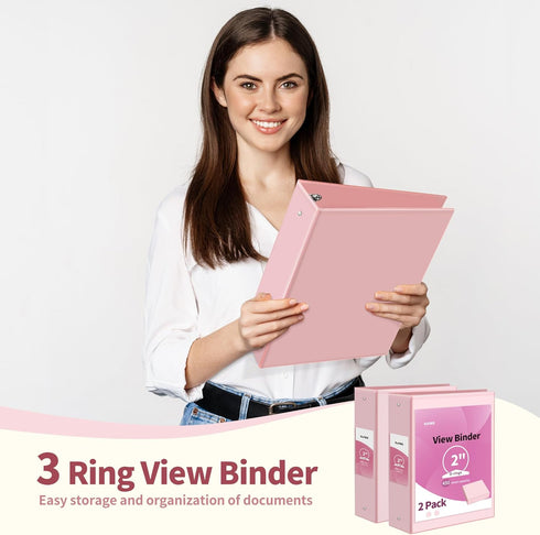SUNEE 3 Ring Binder, 2 Inch, 2 Pack, Clear View, PVC-Free, Pink Binder for School or Office Supplies