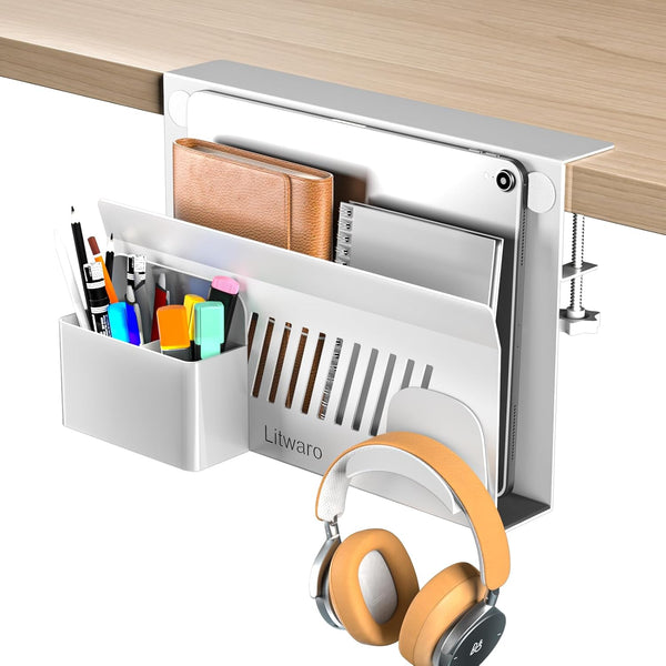 Litwaro Desk Side Storage, Hanging Organizer with Magnetic Pen Holder, Laptop Holder for Standing Desk, White