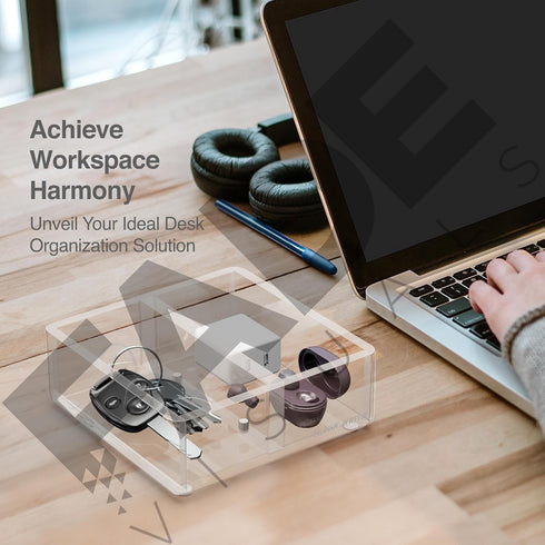 Clear Desk Accessories for Office, Modern Organizer with Removable Divider for Acrylic Paper Clips & Key Holder