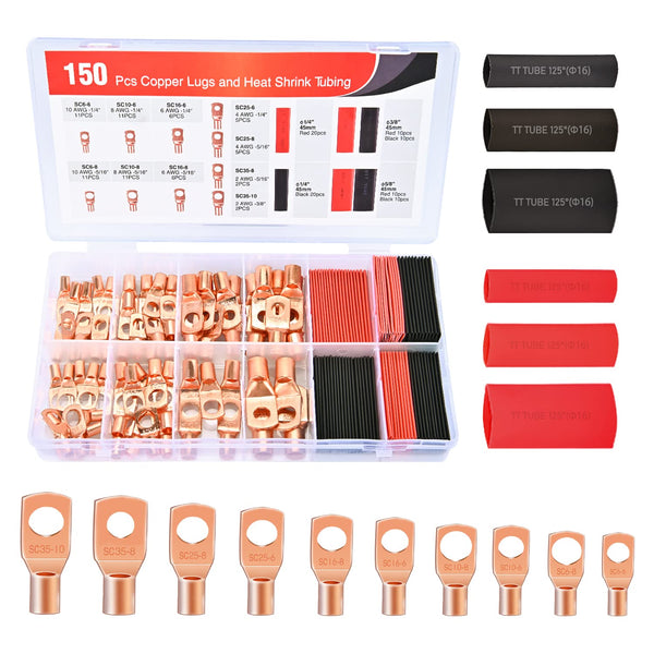 Nilight 150PCS Copper Wire Lugs and Heat Shrink Tubing - 2 4 6 8 10 AWG Heavy Duty Battery Terminal Crimp Connectors