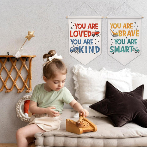 ArtisaEura Set 2 Inspirational Kids Wall Canvas Banners, Construction Inspirational Hanging Display Pennant Banner