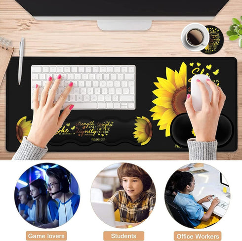 Gaming Black Mouse Pad + Keyboard Wrist Rest XL Large Mouse Mat, Sunflower Christian Verse Proverbs 31-25