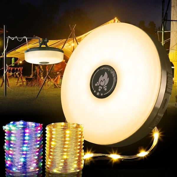 Camping String Lights, Quick Storage 32.8FT Rechargeable Tent Lighting String with 8