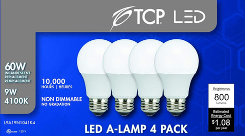 TCP LED A19 60 Watt Equivalent | 4 Pack | Cool White (4100K) | 800 Lumens | 10,000 Hours | Non-Dimmable Bulbs