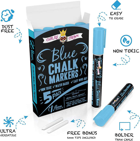 CHALKY CROWN Liquid Chalk Marker Pen, Dry Erase Marker for Chalkboard Signs, Windows, Glass (6mm Reversible Tip, Blue,