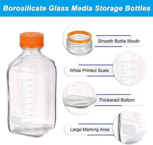 PATIKIL 2 Pack Reagent Media Storage Bottles, 1000ml Borosilicate Glass Square Bottles with Orange GL32 Screw Cap