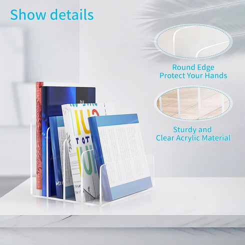 Clear Acrylic File Organizer, 4 Sections File Holder Sorter for Office Desk, Mail Letter Book Electronics Makeup