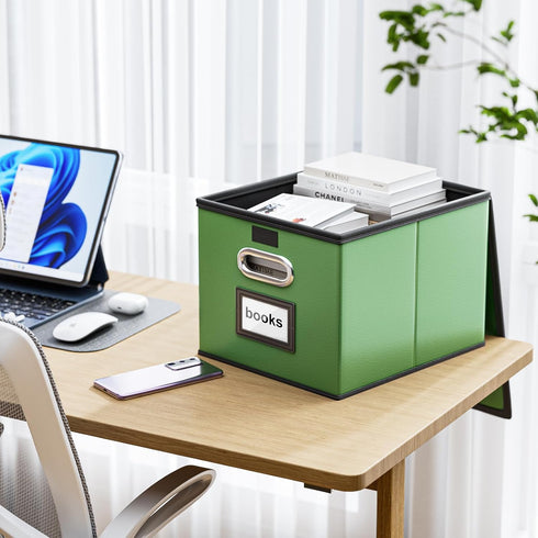 Huolewa Portable Leather File Organizer Boxes, Collapsible Document Storage with Lids for Letter/Legal Files