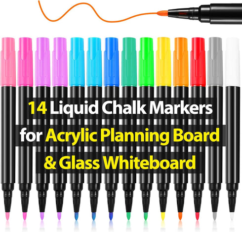 Liquid Chalk Markers for Acrylic Calendar Planning Board, Clear Glass Dry Erase Board, 14 Pack, 12 Vibrant Colors, 1mm