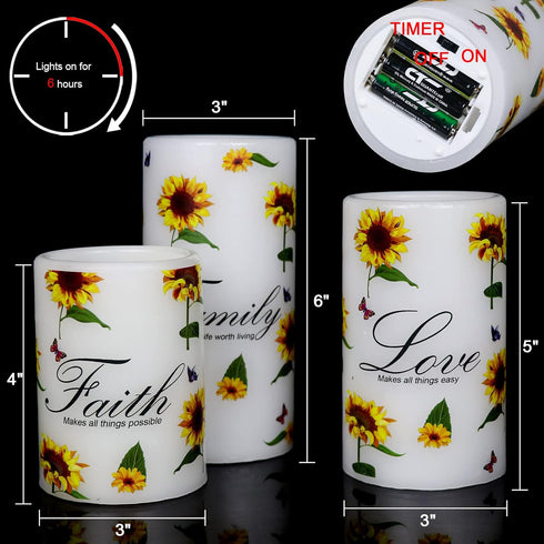 6H Set 3 Decor(3 4,5,6 Inches) Sunflower Flameless Flickering Candles with Timer, of Battery Operated White Real Wax