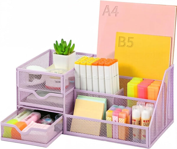 Lavatino Mesh Desk Organizer with 6 Compartments & 2 Drawers, Larger Multi-functional