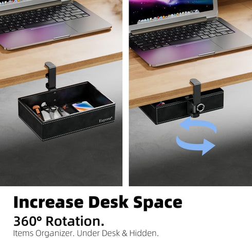 PU Leather Under Desk Drawer - 360° Rotating Clamp Organizer for Desk, Remote Control, and Pencil Storage
